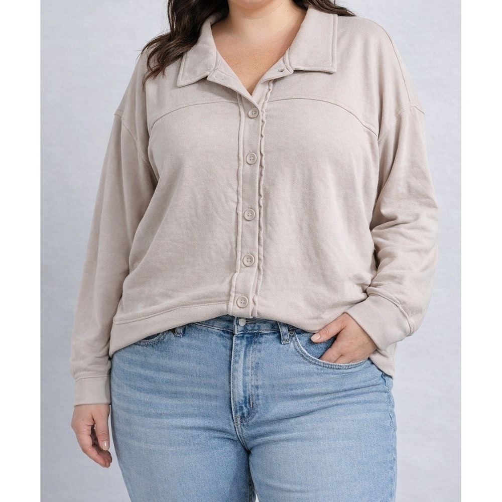 JoyLab Ivory Cotton Blend Shacket Sweatshirt Jacket Oversized Button Front XXL